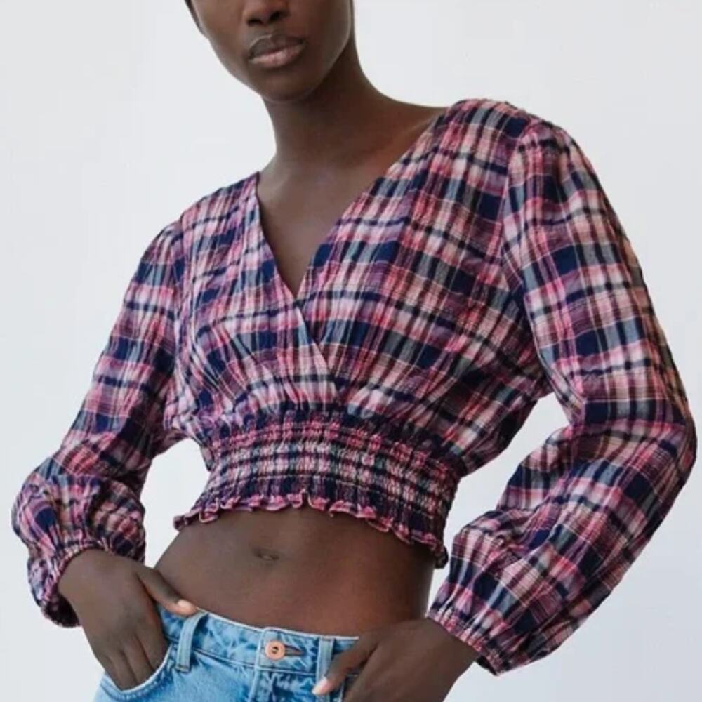 Zara Deep V Neck Crop Top Long Sleeve Pink Blue Plaid Size Medium NWT